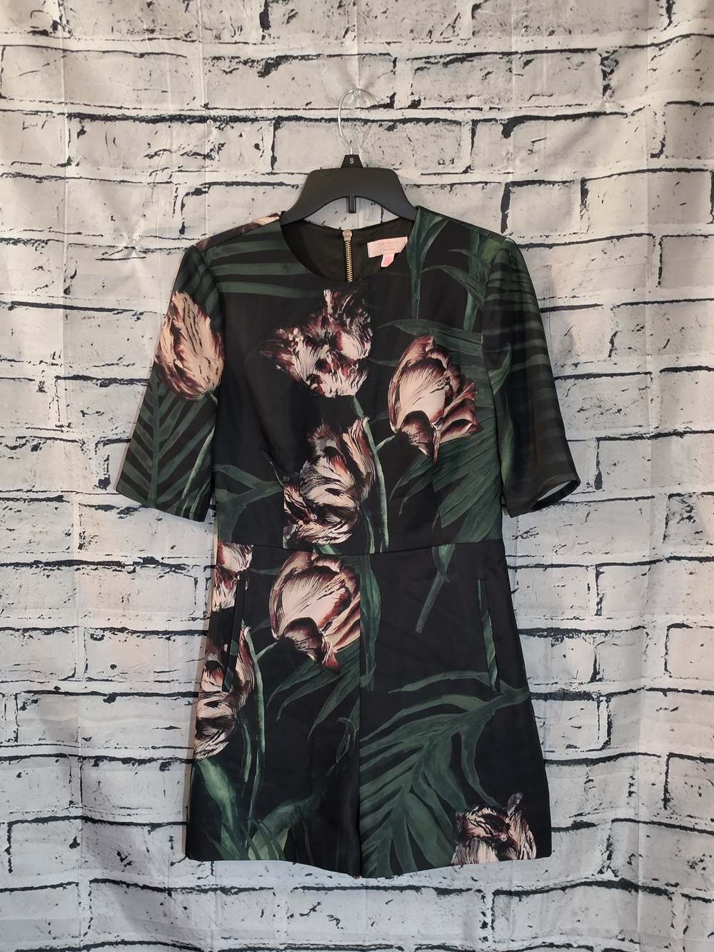 Ted Baker Romper Black Floral Mini Dress with Green Leaves and Blush Flowers